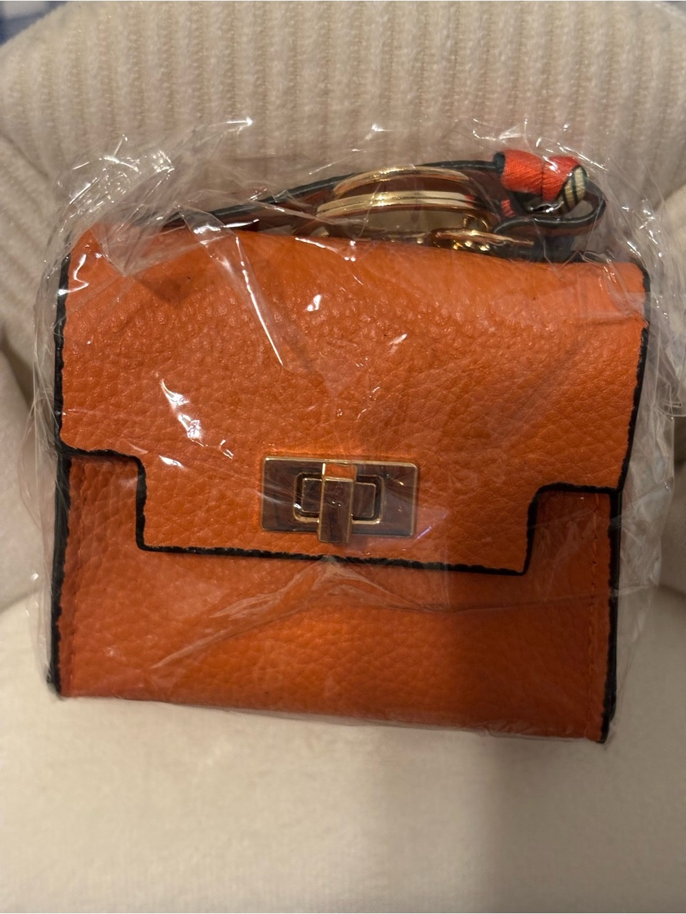 Orange Leather like Bag Charm/keychain with Gold Hardware